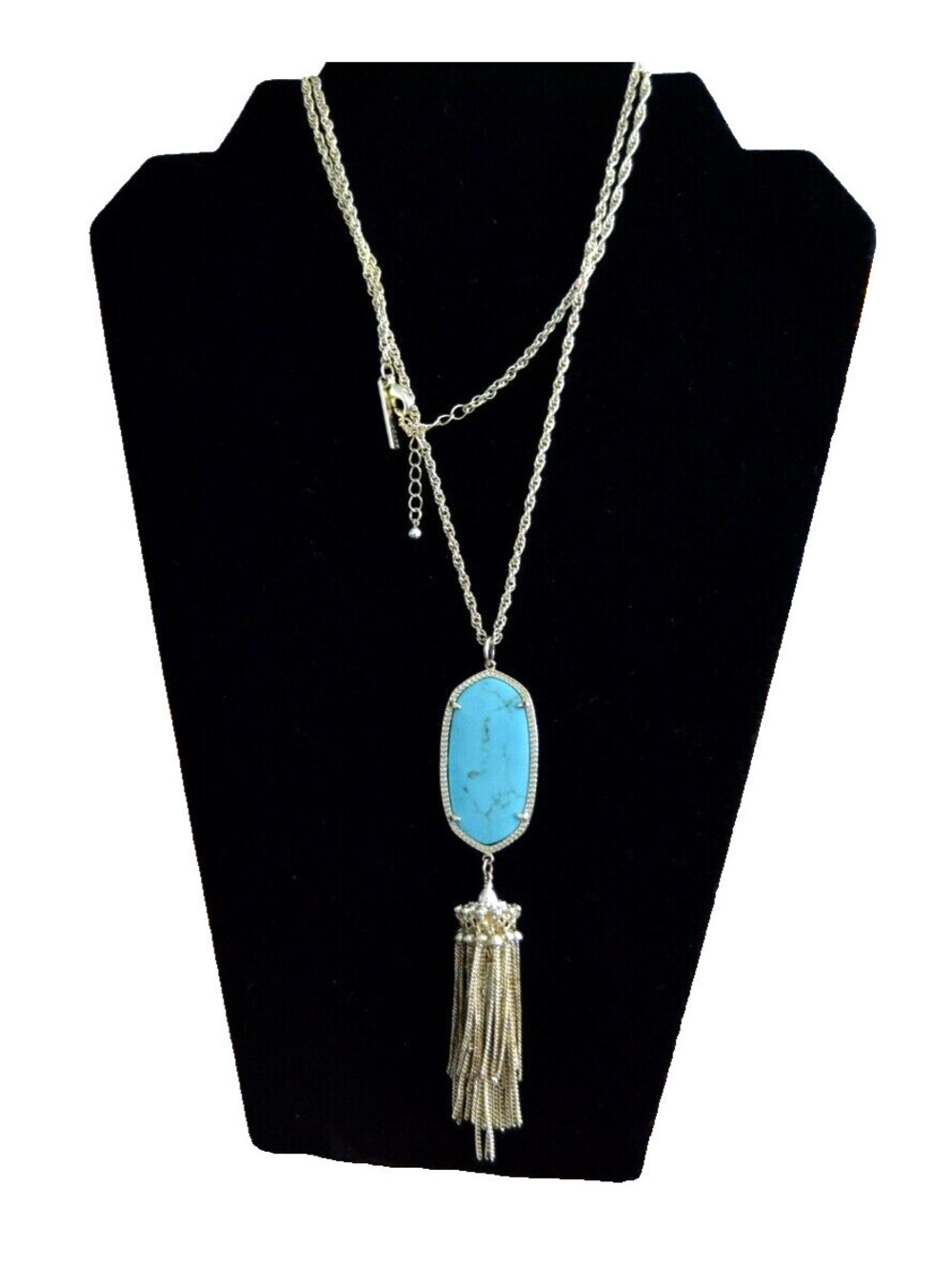 Kendra Scott Faux Turquoise Tassel Pendant Necklace Silver Tone 32"